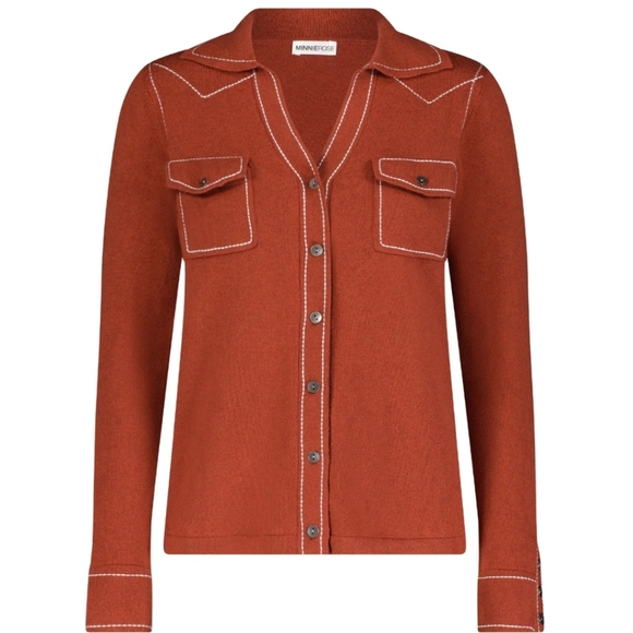 Minnie Rose Sweaters - Minnie Rose Cotton Cashmere Top Stitch Embroidered Button Down Shirt